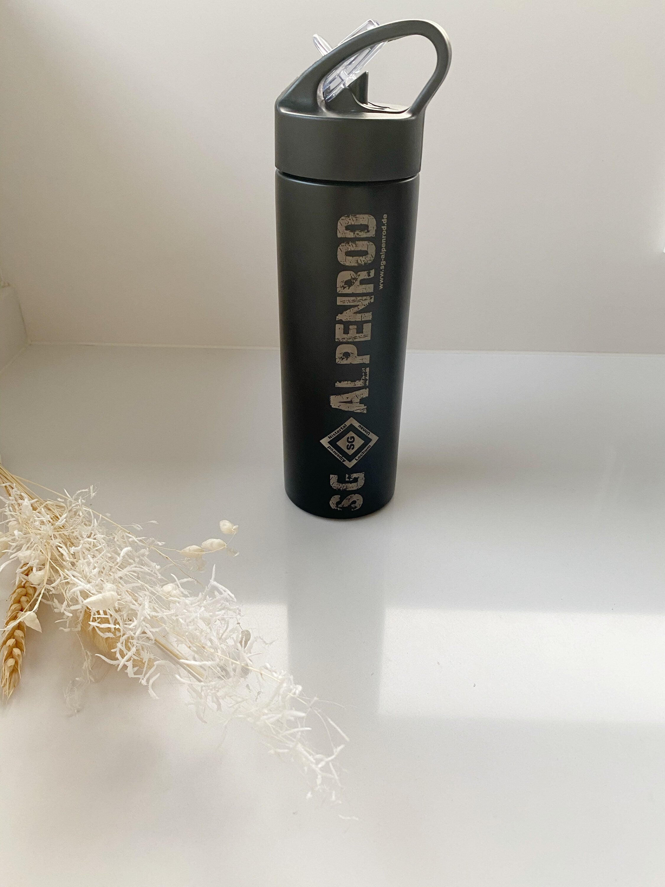 Sport- Trinkflasche Edelstahl schwarz - Personalisiert Motiv Text Name Logo