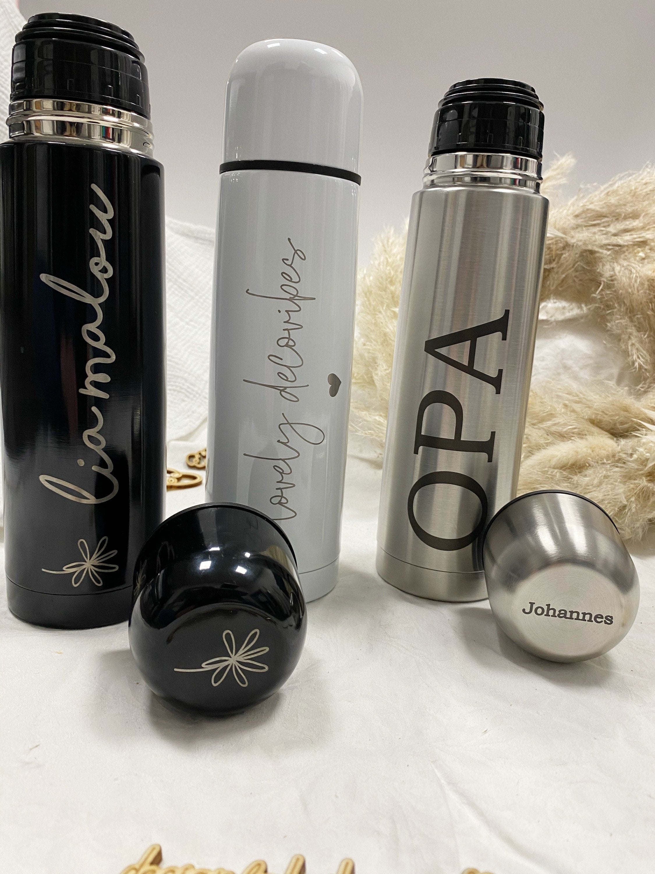 Isolierflasche Thermoskanne Thermosflasche Edelstahl Trinkflasche - Personalisiert - weiß schwarz silber