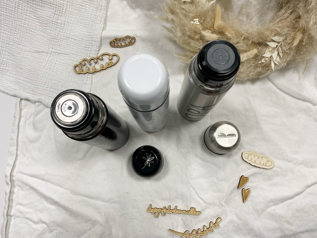 Isolierflasche Thermoskanne Thermosflasche Edelstahl Trinkflasche - Personalisiert - weiß schwarz silber