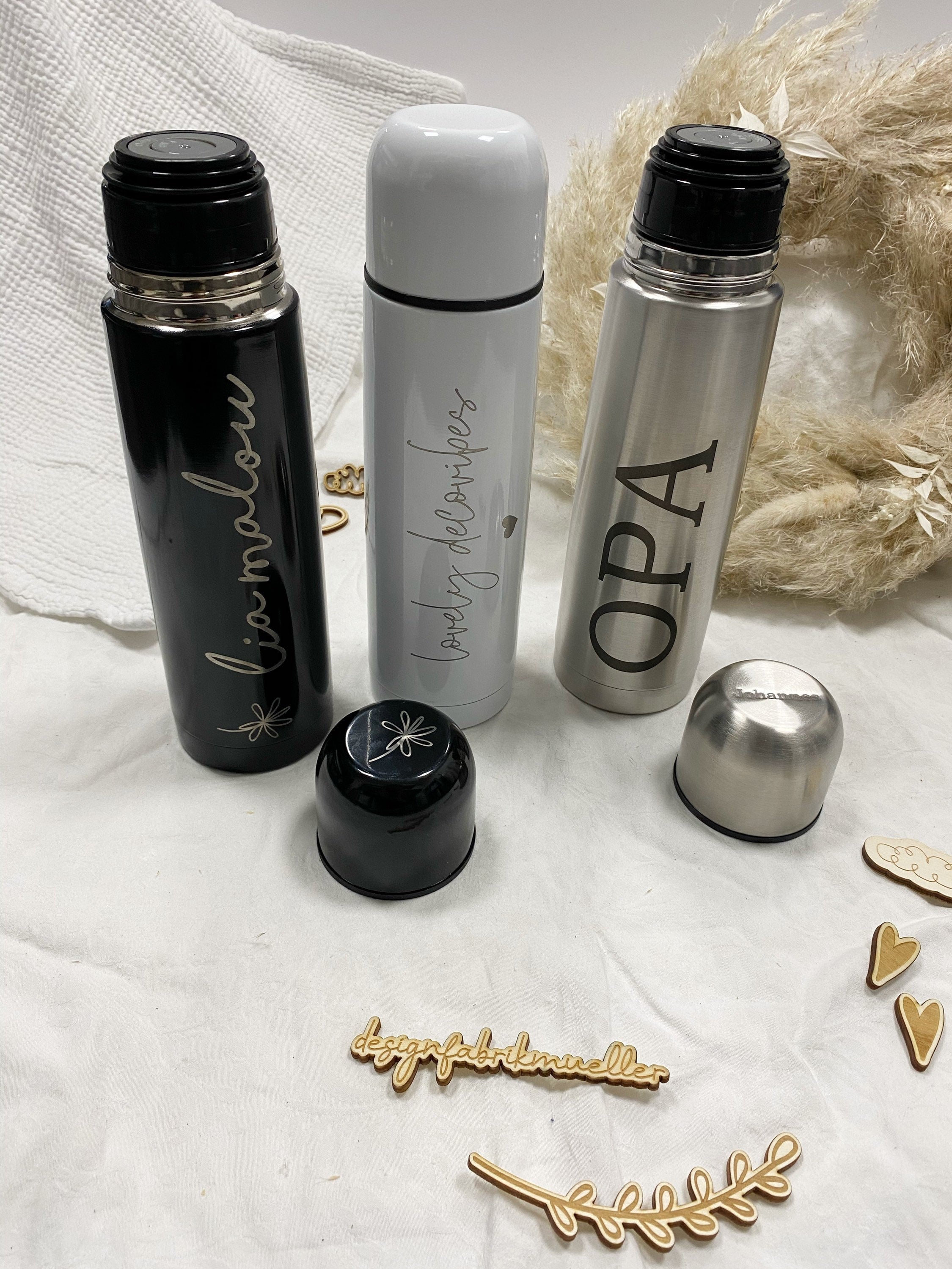 Isolierflasche Thermoskanne Thermosflasche Edelstahl Trinkflasche - Personalisiert - weiß schwarz silber
