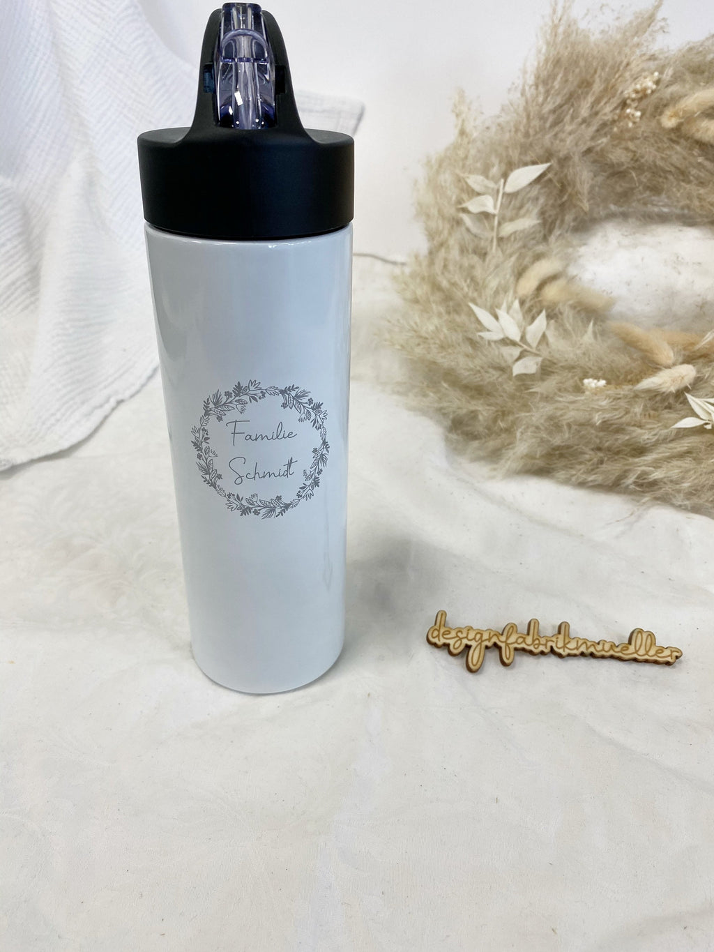 Sport- Trinkflasche Edelstahl schwarz - Personalisiert Motiv Text Name Logo