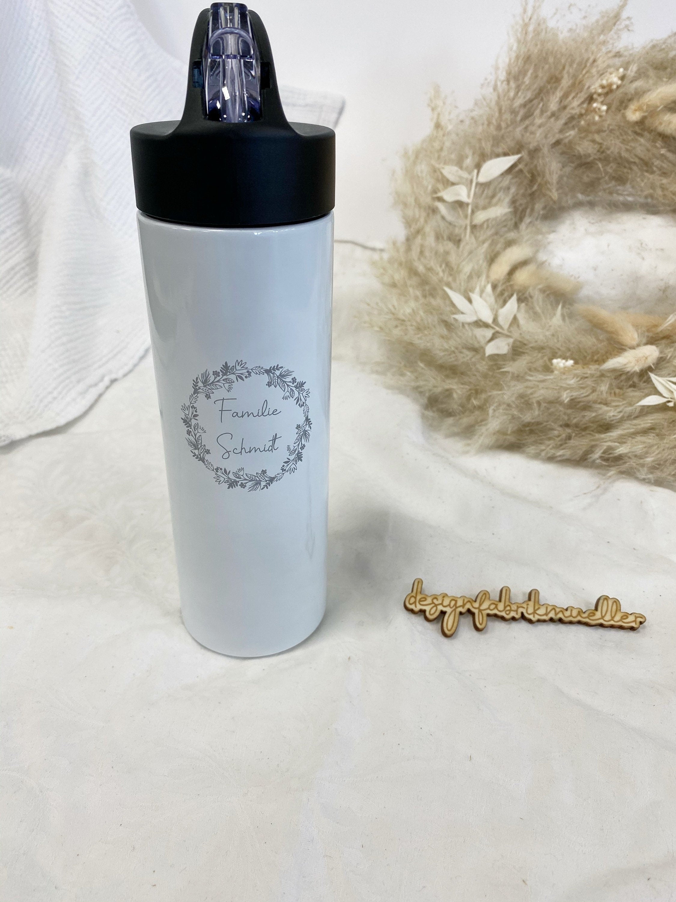 Sport- Trinkflasche Edelstahl schwarz - Personalisiert Motiv Text Name Logo
