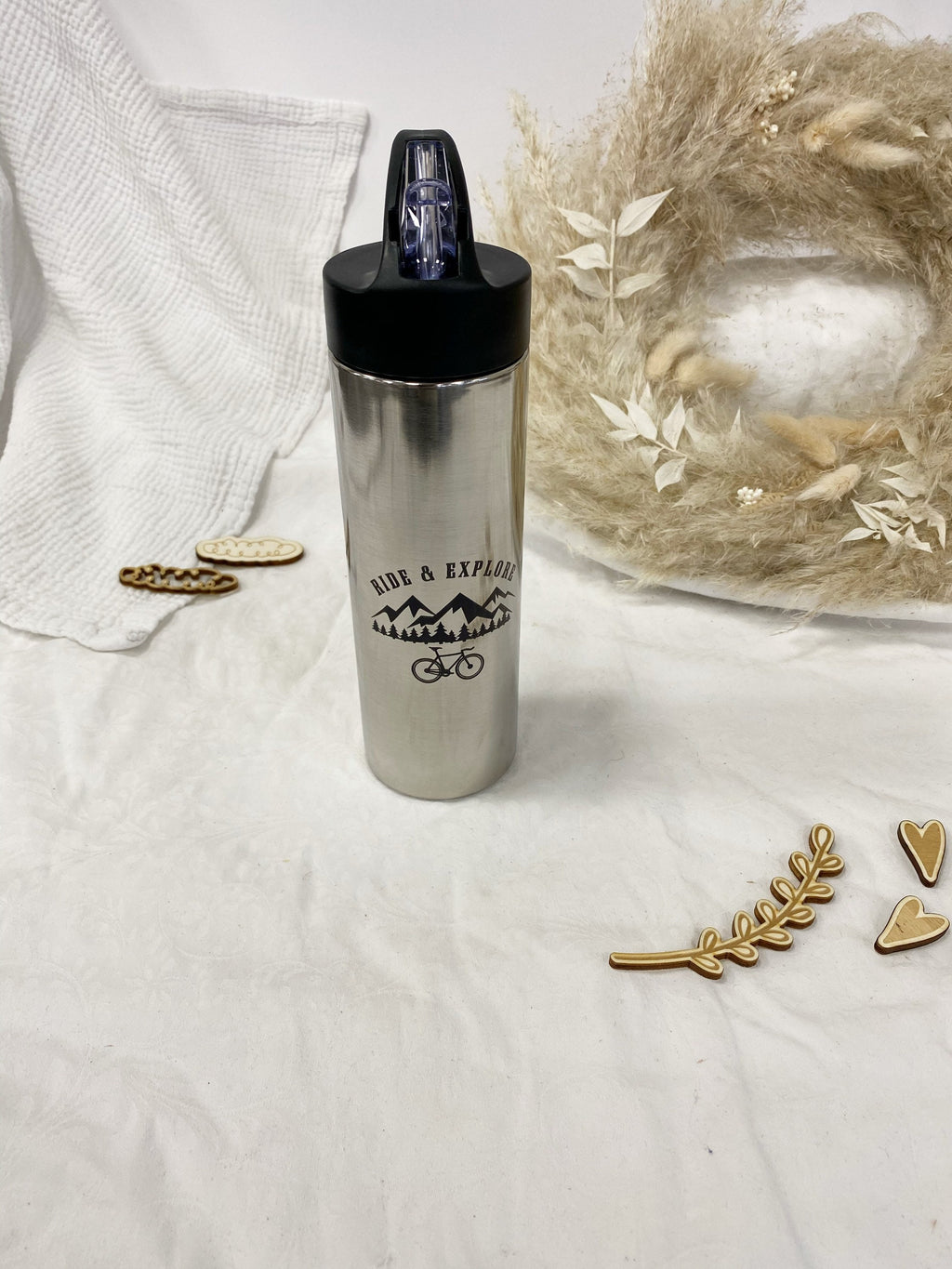 Sport- Trinkflasche Edelstahl schwarz - Personalisiert Motiv Text Name Logo