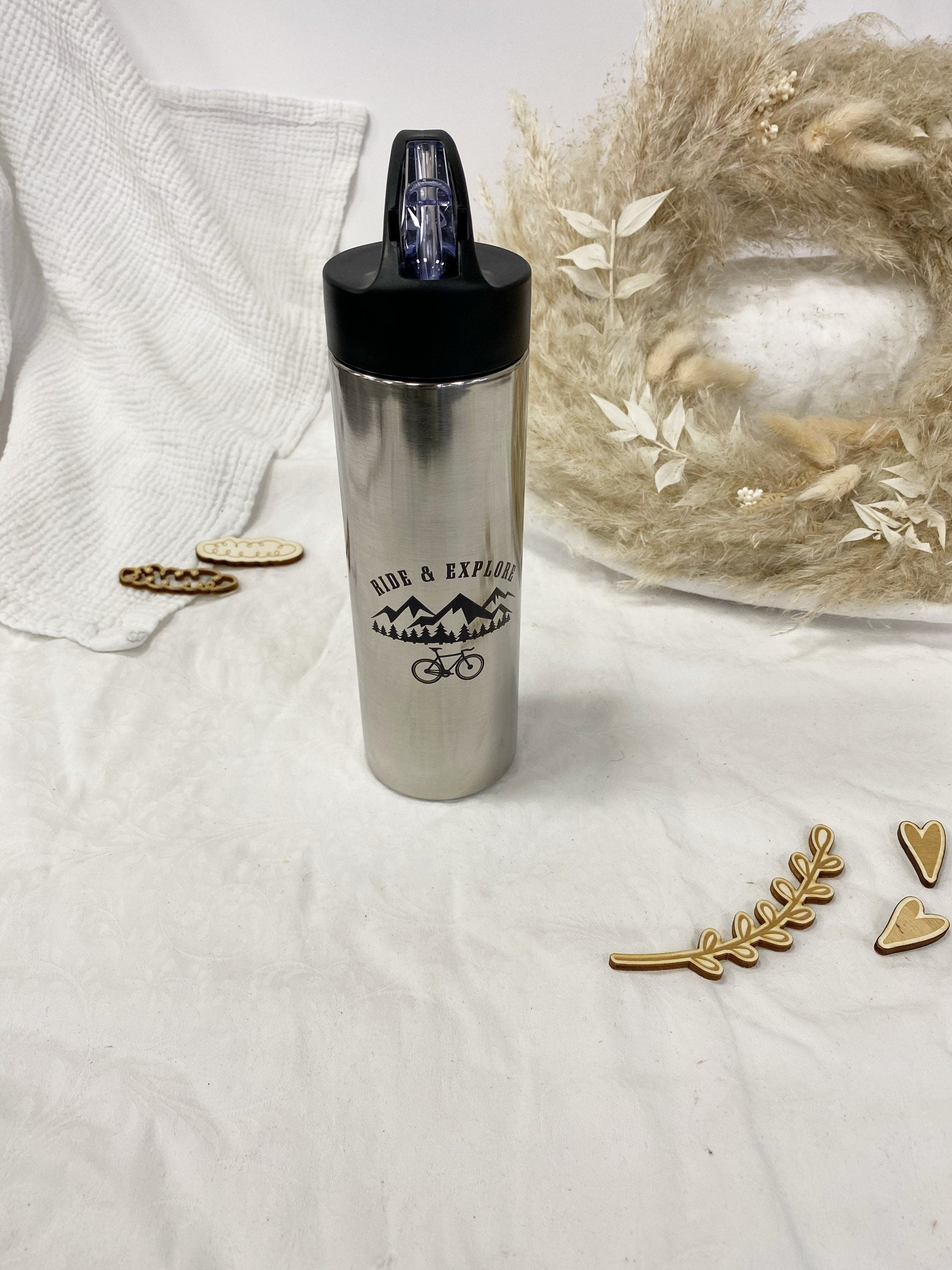 Sport- Trinkflasche Edelstahl schwarz - Personalisiert Motiv Text Name Logo