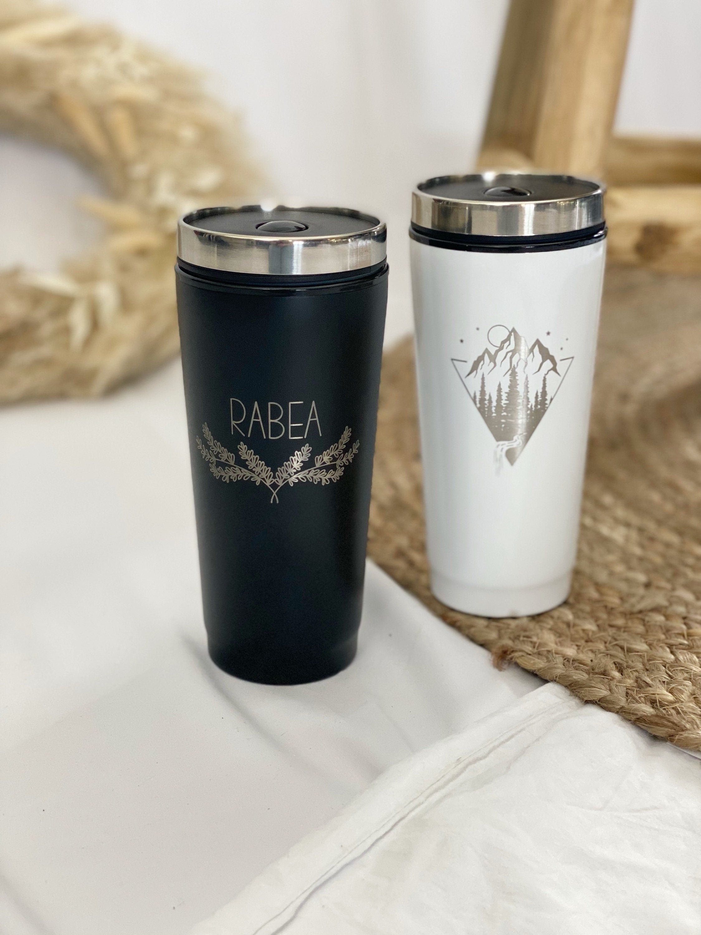 Kaffeebecher to go - Trinkbecher Tee Kaffee Becher unterwegs - coffee to go - Edelstahl - Personalisiert - weiß schwarz