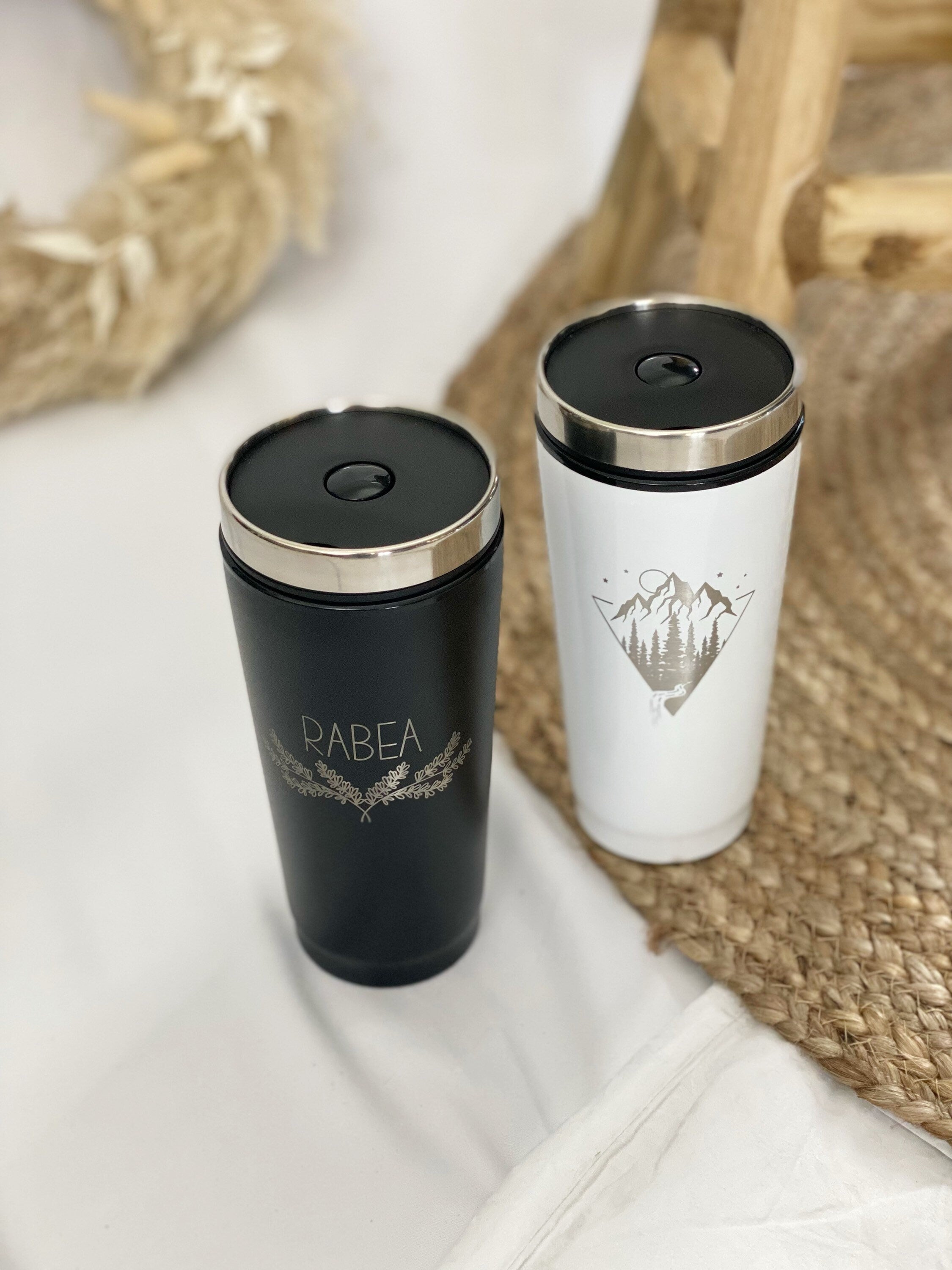 Kaffeebecher to go - Trinkbecher Tee Kaffee Becher unterwegs - coffee to go - Edelstahl - Personalisiert - weiß schwarz