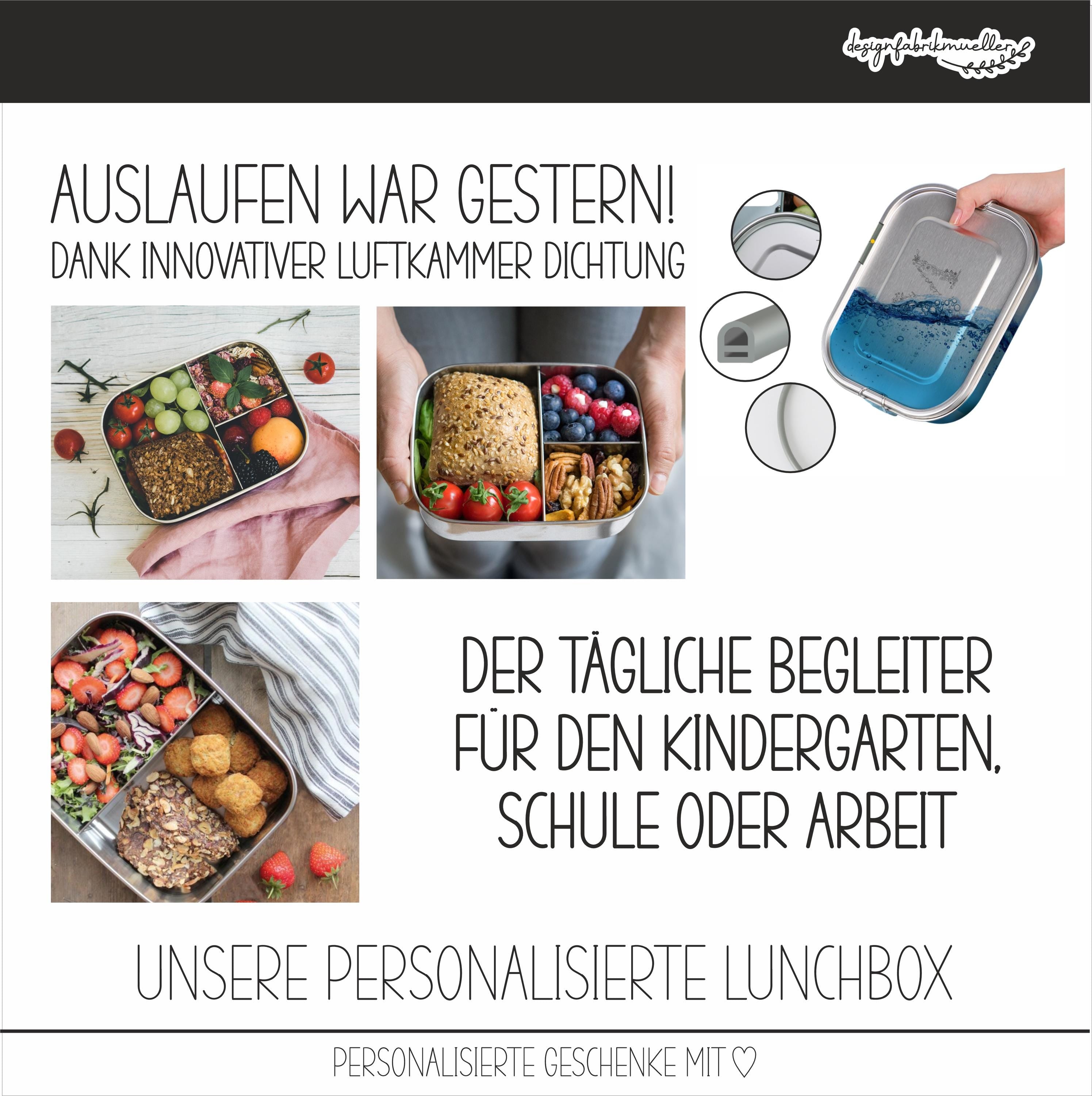 Brotdose mit Trennfach / Unterteilung / 2 - 3 Fächer Lunchbox Vesperdose Edelstahl personalisiert / Name