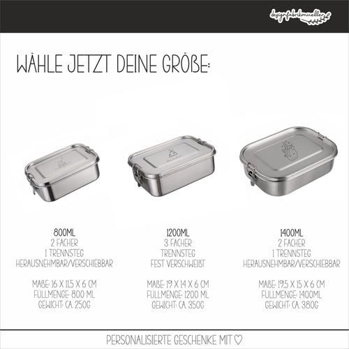 Brotdose mit Trennfach / Unterteilung / 2 - 3 Fächer Lunchbox Vesperdose Edelstahl personalisiert / Name