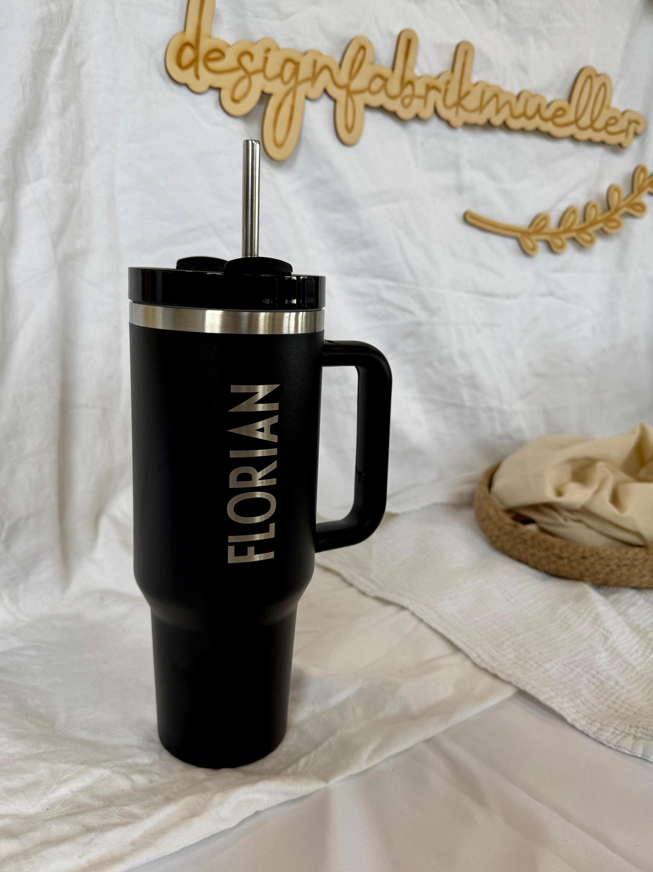 Edelstahl Trinkbecher mit Strohhalm | Thermo Tumbler Cup | 1,1L 40oz | personalisiert | lasergravur