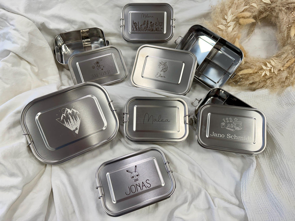 Brotdose mit Trennfach / Unterteilung / 2 - 3 Fächer Lunchbox Vesperdose Edelstahl personalisiert / Name